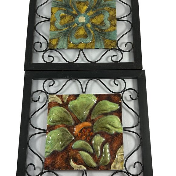 Set of 2 Metal Ceramic Wall Hanging Panels Tiles 12" Square Green Brown Black - Picture 1 of 8